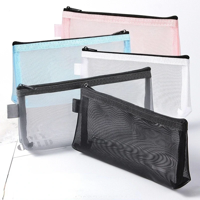 Limpar Zipper Pencil Case, Mesh Cosmetic Storage Bag, Saco de papelaria, Bolsa de maquiagem, Bolsa de viagem