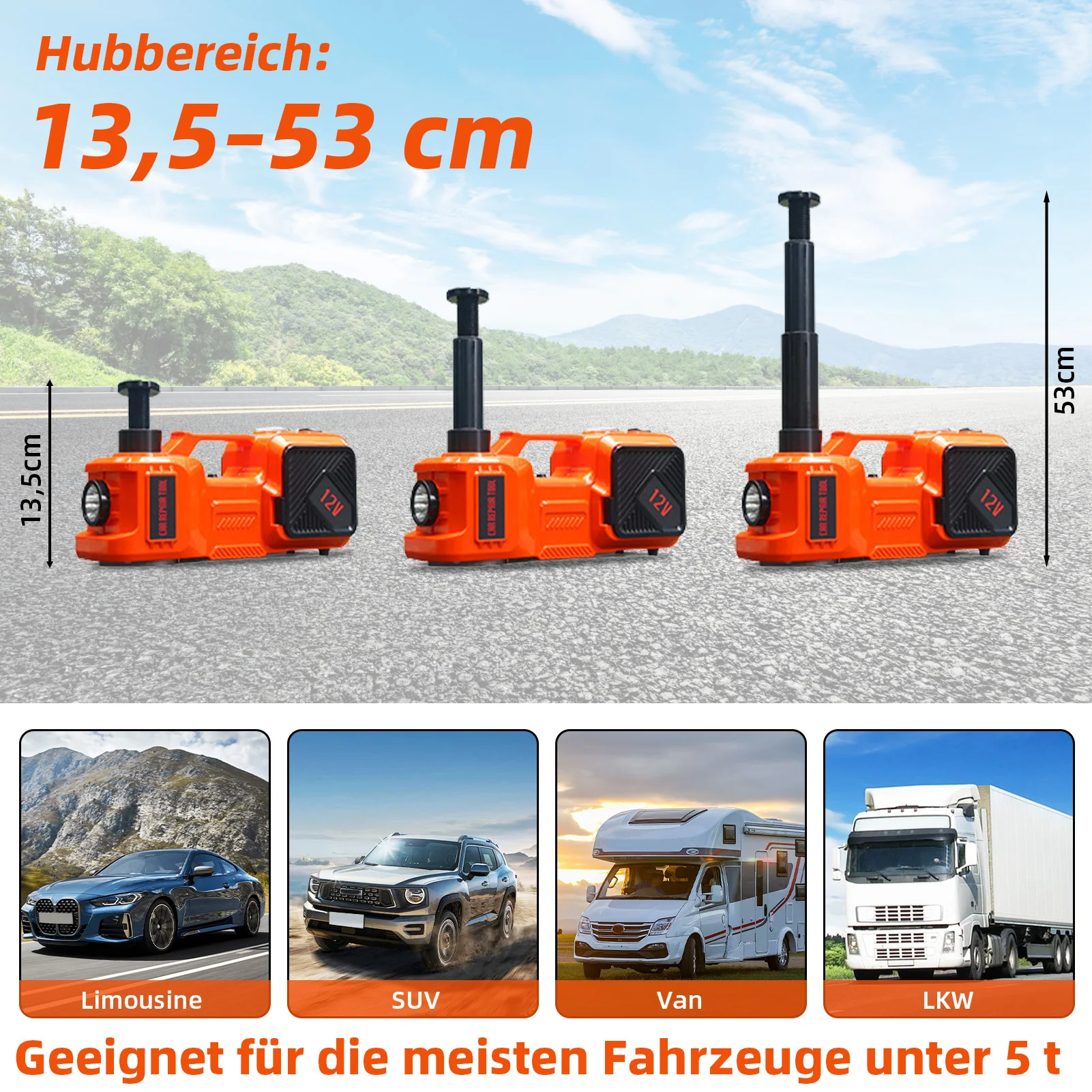 5-Tonnen-Elektro-Wagenheber mit Hydrauliksystem und LED-Licht für SUV, MPV, Limousine und LKW, Hubbereich 6,1*20 Zoll