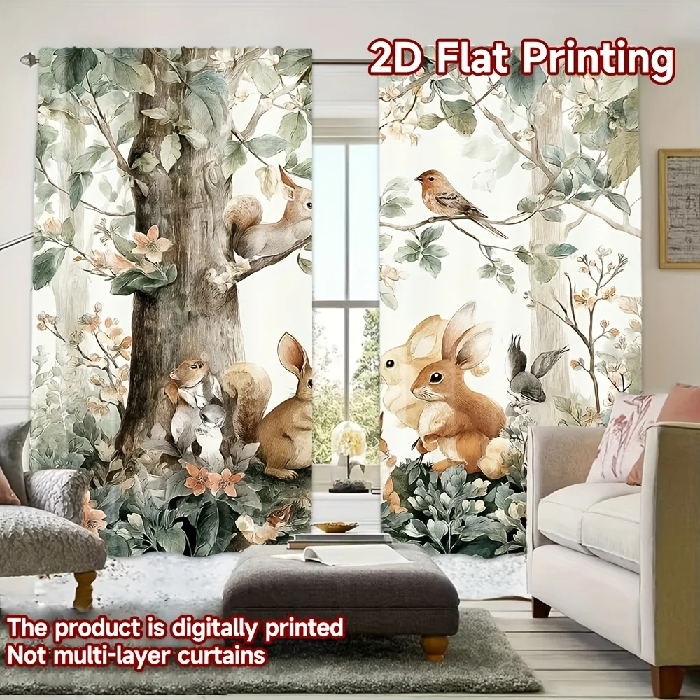 Whimsical Woodland Forest Animal Digital Print Curtains Polyester Drapes for Living Room Home Decor Window Coverings