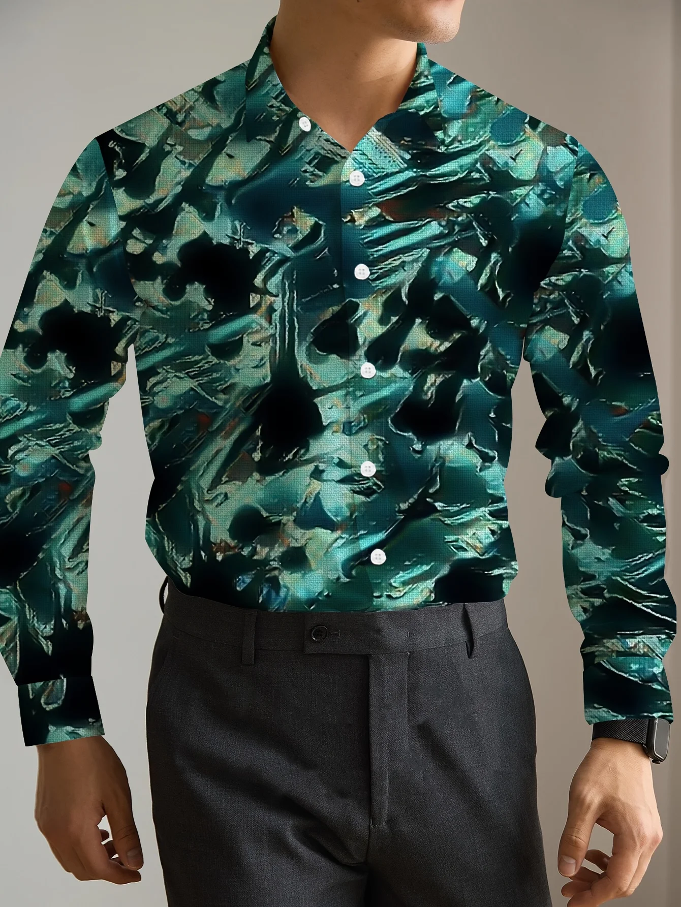 

Men'S Stylish Long Sleeve Button-Up Shirt - Vibrant Paisley & Floral Print, Dark Blue with Yellow Accents, Casual Lapel Collar,