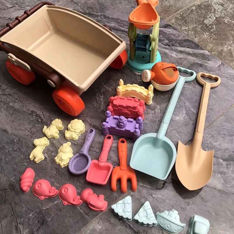 23pc conjunto de carrinho de praia escavação pá portátil carrinho de mão castelo areia jogando ferramentas crianças brinquedos molde areia jogar água jogo ao ar livre