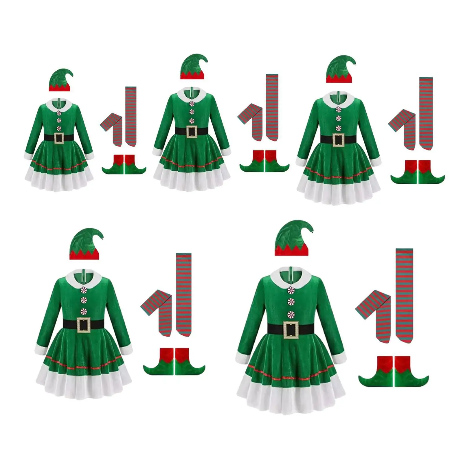 Christmas Elf Costume Set Lovely with Waist Band Long Sleeves Girls Dress and