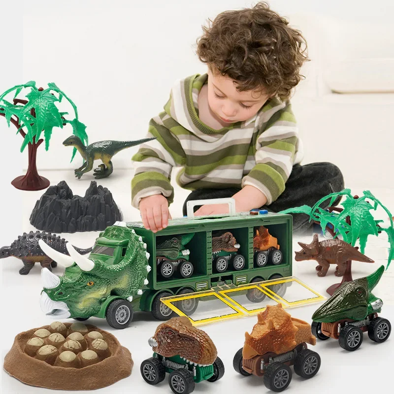 

Dinosaur Transport Vehicle Toy Music Lighting Dinosaur Container Storage Car Inertial Engineering Vehicle Model Toy for Kids