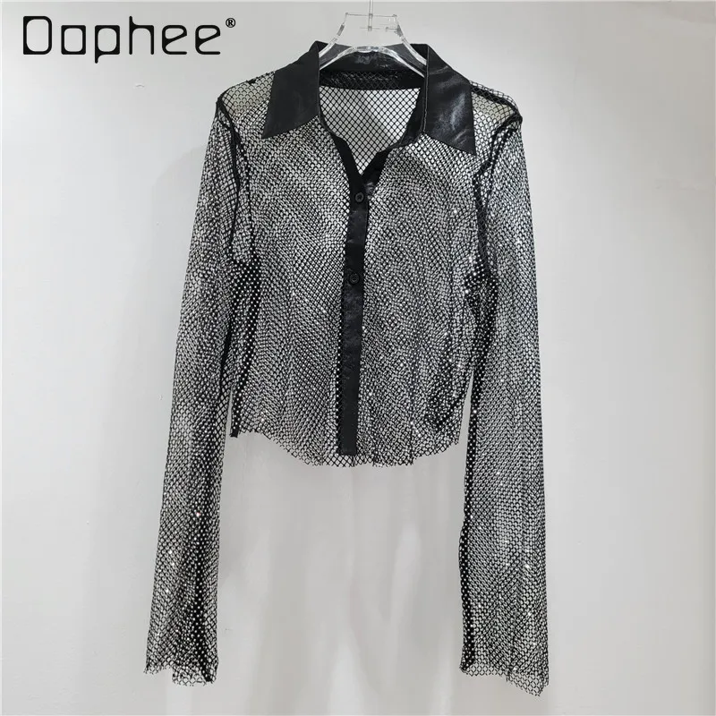 Sexy Rhinestone Hollow Fashion Shiny Base Style Shirt Women Socialite Elegant Slim Rhinestone Round Neck Long Sleeve Top Trendy