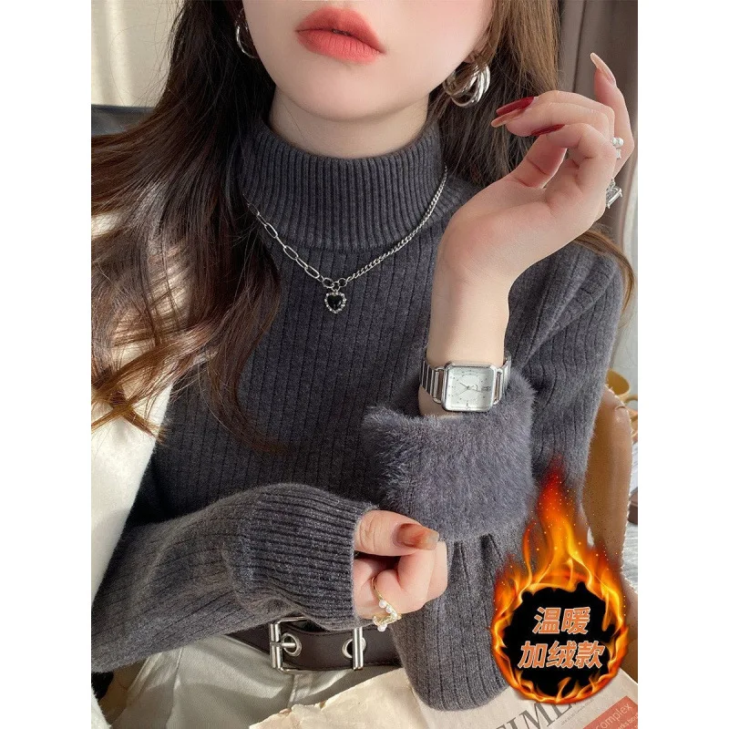 

Женский вязаный свитер с высоким воротником, утепленный, с бархатной подкладкой, облегающий, базовый слой для осени и зимы