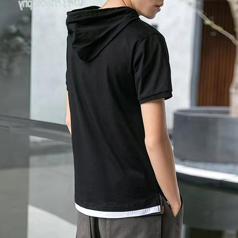 2023 Summer New Short Sleeve Hoodies Man Solid Color Drawstring Patchwork Pullovers Fashion Street Cotton Casual All-match Tops