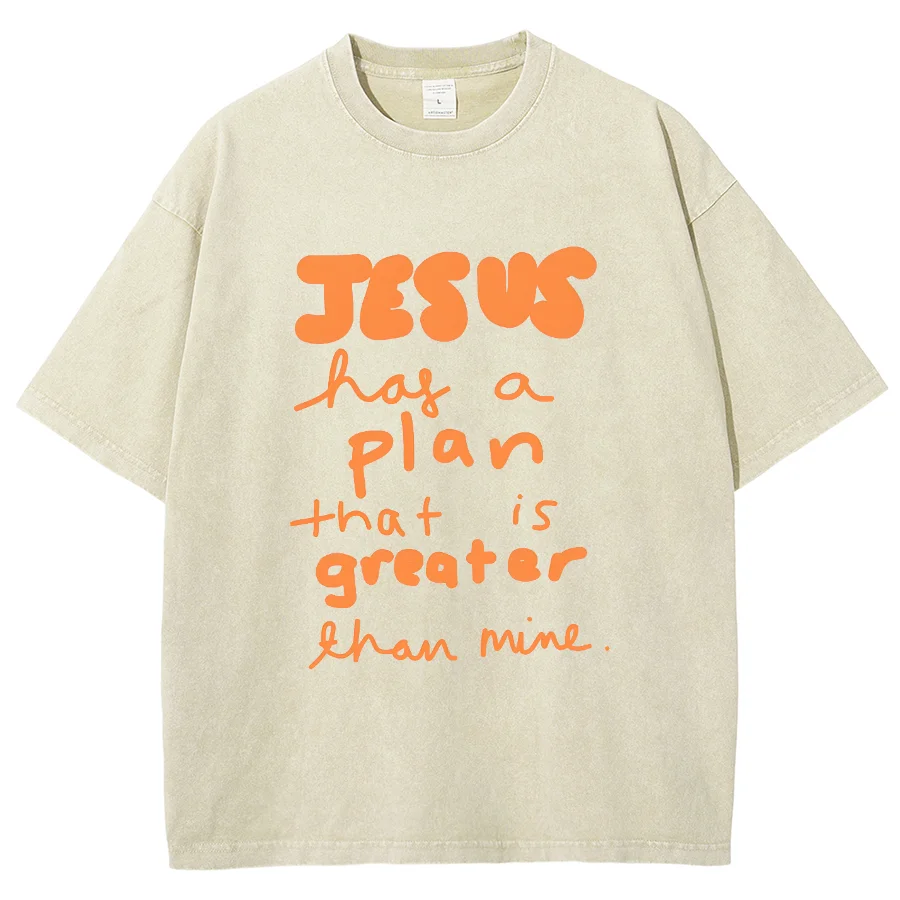 Jesus Plan Greater Y2K Washed Short Sleeve T-Shirt, Creative Printed Unisex Vintage Streetwear New Fashion Plus Size Casual Tops