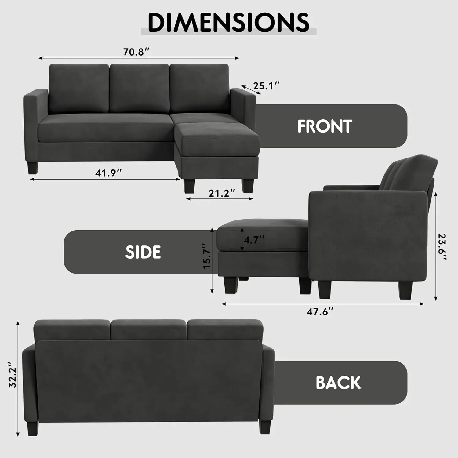 Convertible Sectional 3 L-Shaped Couch Soft Seat with Modern Linen Fabric, Space-saving Sofas for Living Room, Apartment