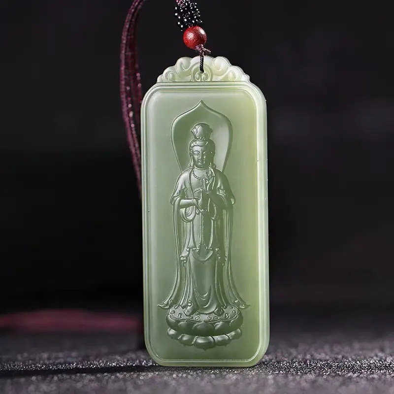 

Natural 100% real hetian jade carve Guanyin and lotus pendant Bless peace necklace jewellery fashion for women men lucky gifts