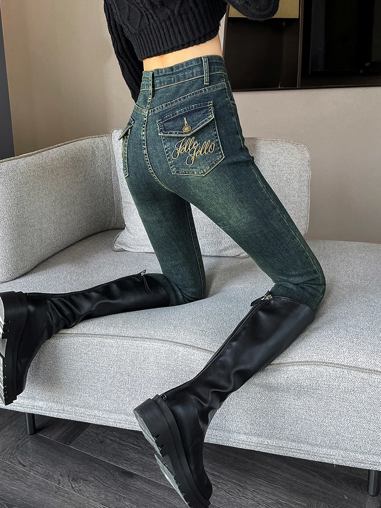 

Autumn Spring 2023 Y2K Women Jeans Elastic Casual Ladies Soft Thermal Leggings Trousers Female Pantalon Plush Denim Pants