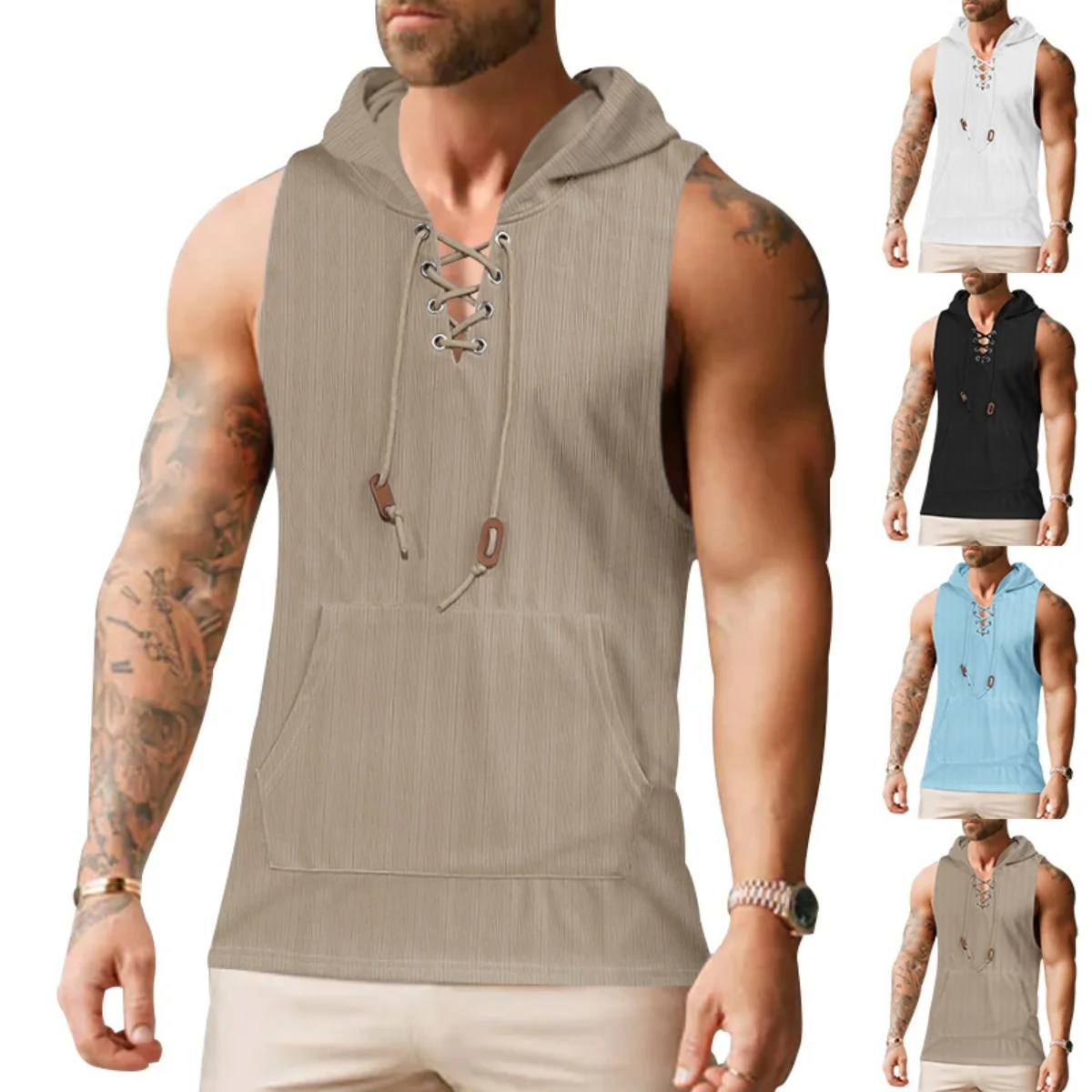 

Men's casual sleeveless hooded shirt jacket, retro V-neck relaxed style fashionable shirt, solid color men's lace-up clothing