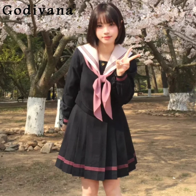

Spring Autumn Japanese JK Sweet Navy Collar Long Sleeve Shirt Women Fashion College High Waist A-line Age Reduction Skirt Sets