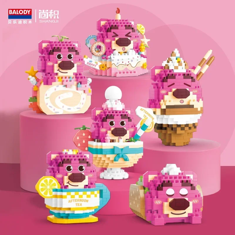 Disney Losto Micro Building Blocks Strawberry Bear 6pcs/set DIY Assembled Food Party Model Mini Brick Figure Toy For Christmas