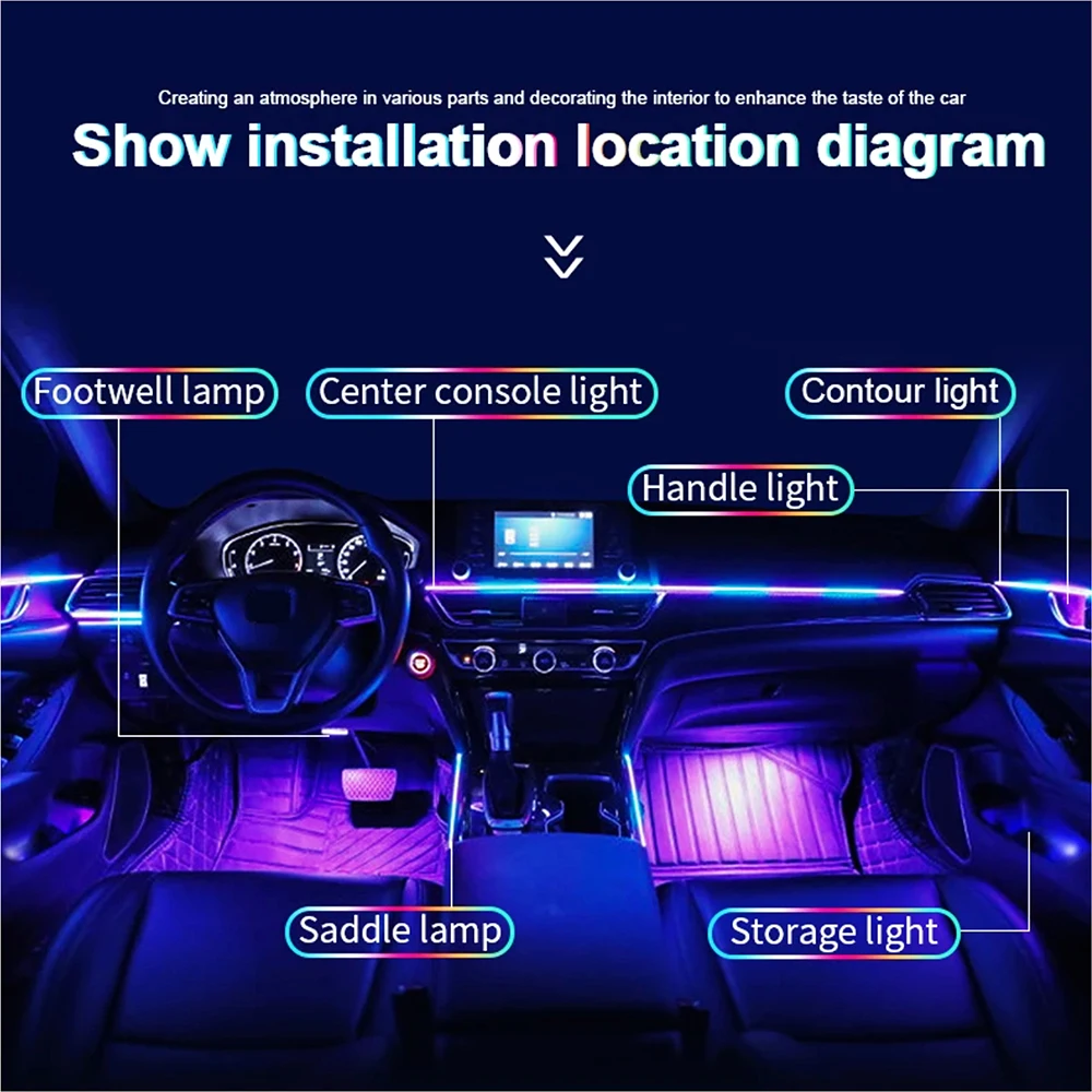 64 Color RGB Symphony Car LED Strip Lights 18-in-1 Interior Ambient Acrylic Guide Lights with APP Control Atmosphere Lamp Decora