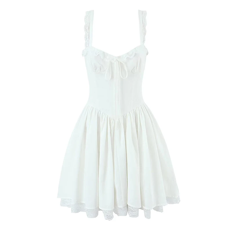 Yenkye 2025 feminino renda emendada algodão branco mini vestido sexy cintura baixa sem mangas a linha férias vestidos de verão festa robe