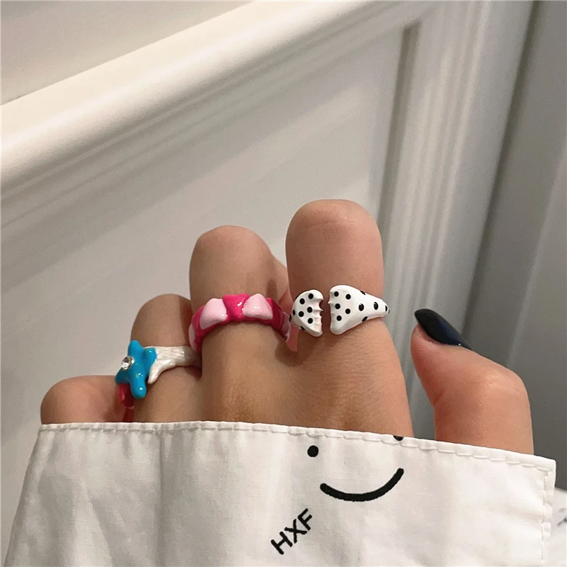 Love zircon inlaid pink handmade drip glaze enamel ring Y2K creative open ring female accessories jewelry gift
