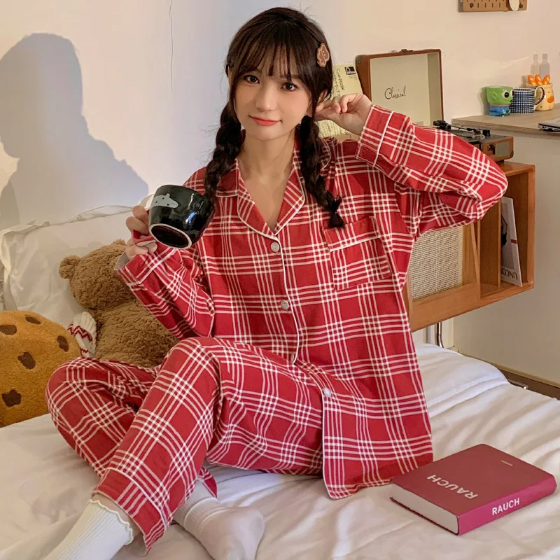 Red New Retro Red Plaid Cardigan Long Pants, Pajama Set, Spring Japanese Loungewear Youth Girls Lapel Sleepwear Student\'s Pj Set