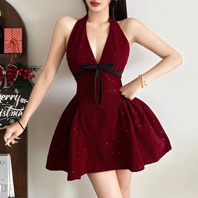 

2025 Autumn Winter Christmas Halter Backless Bow Slim Elegant Mini Dress Women V Neck Sleeveless Zipper Pleated Partywear Dress