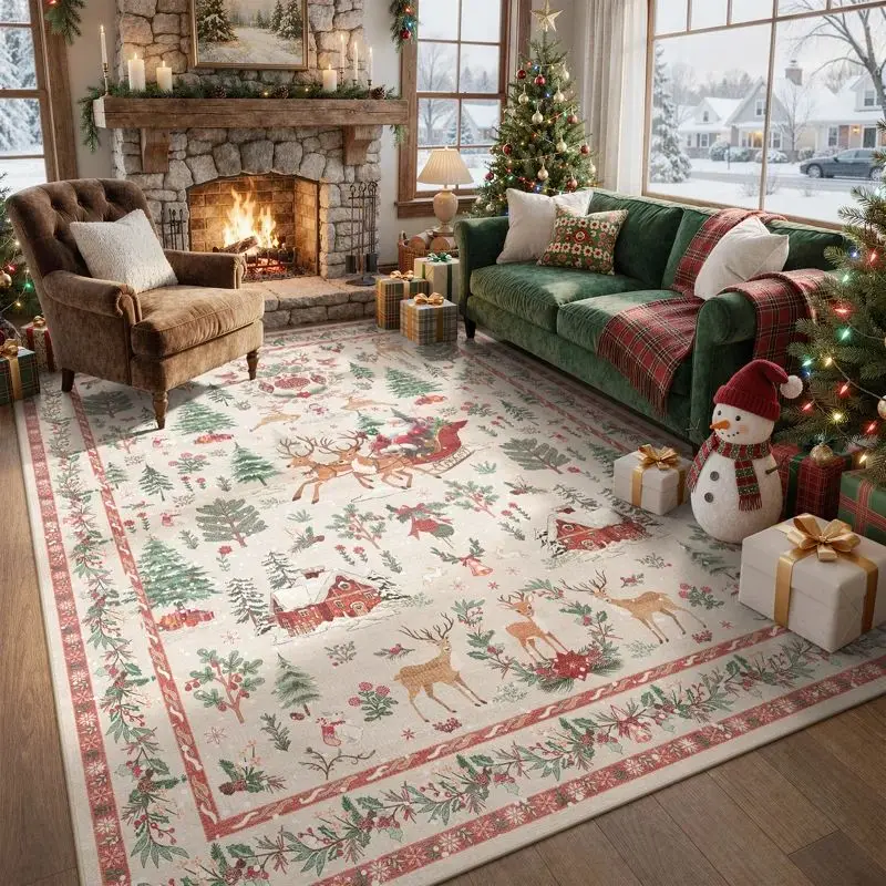 VIKAMA Christmas Living Room Rug, Reindeer Santa Sleigh Pine House Pattern Area Carpet, Holiday Floor Mat for Home