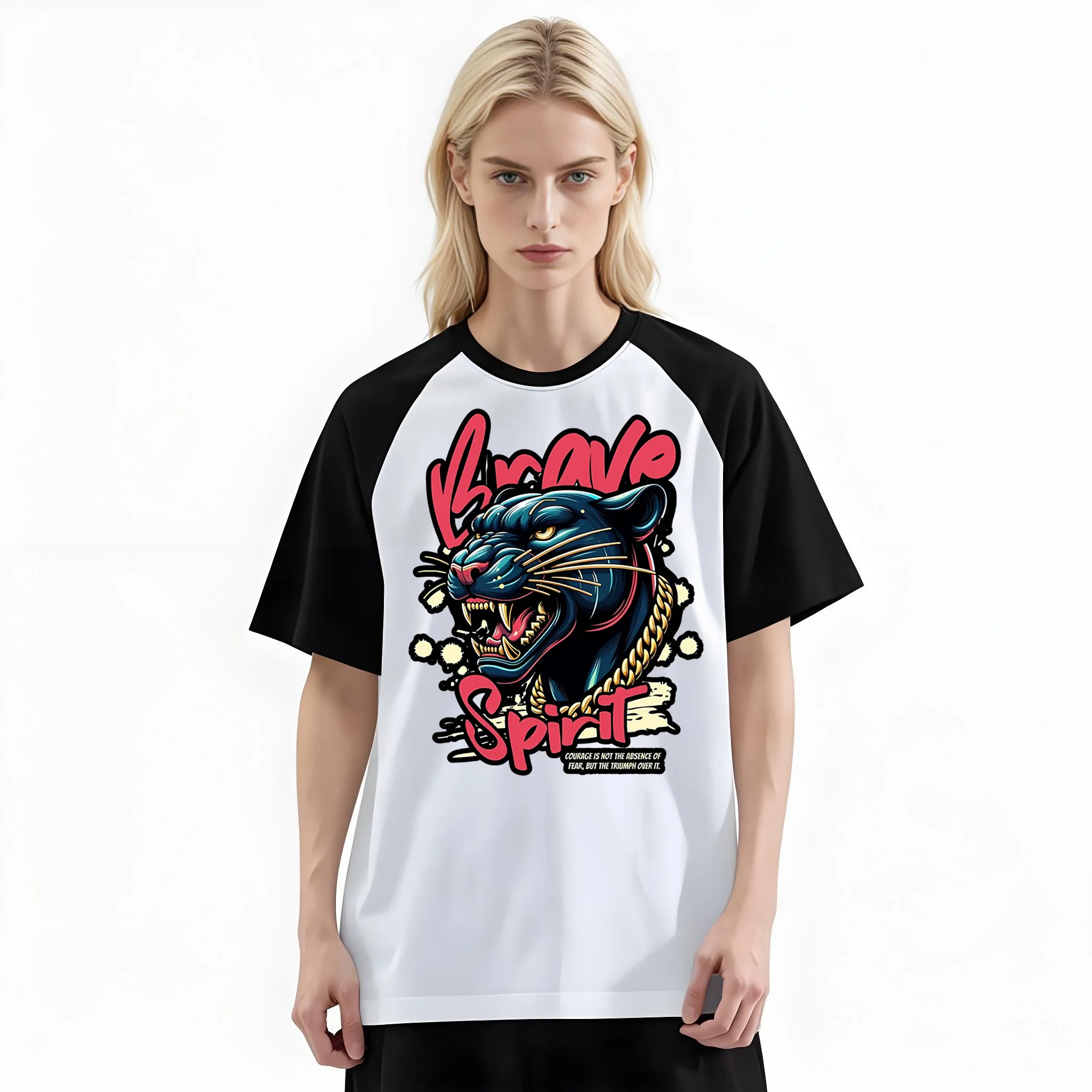 Women'S Fashion Raglan Sleeve T-Shirt, Brave Spirit Black Panther Gold Chain Street Graffiti Printed, Summer Casual Comfortable Tee, Women'S Everyday Short-Sleeve Top