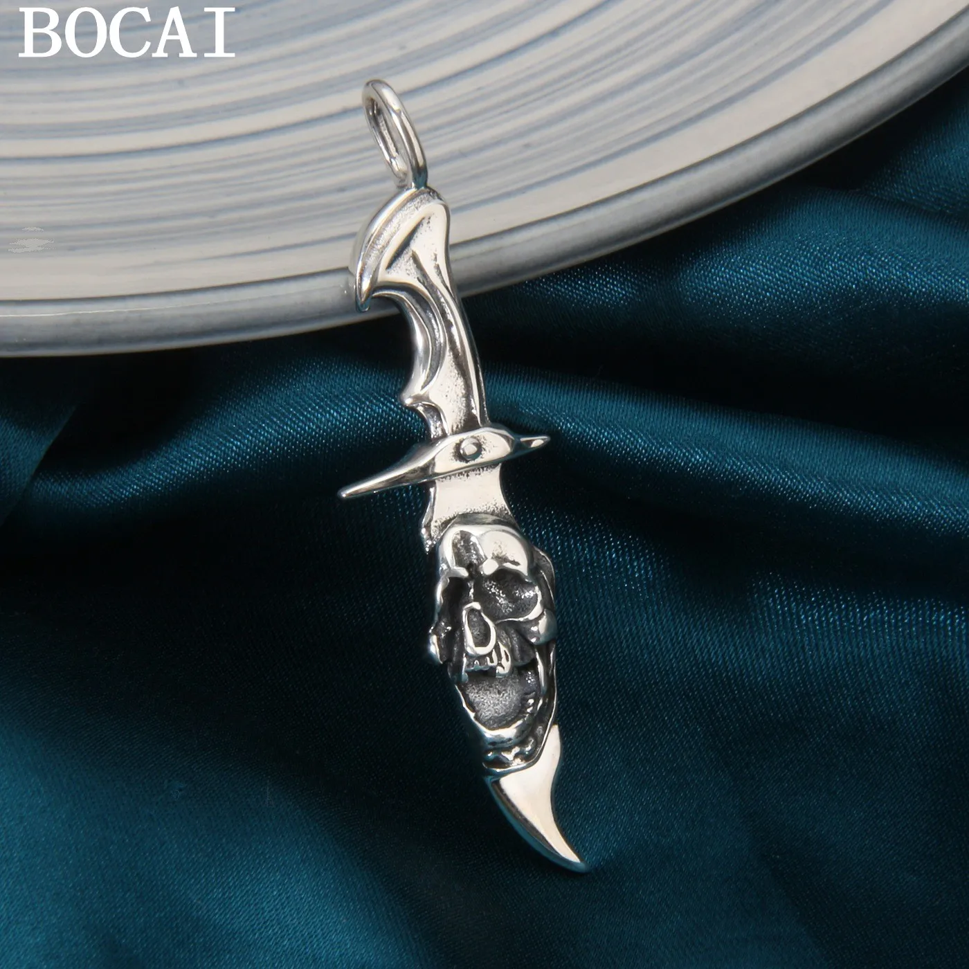 

BOCAI NEW S925 Sterling Silver Hip-hop Exaggeration Eternal Blade Skull Head Small Knife Pendant