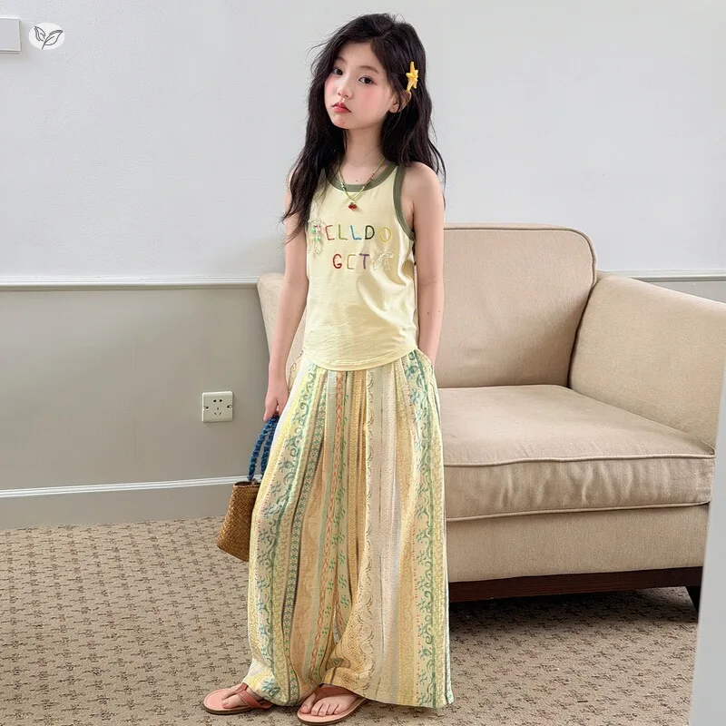 Girls Casual Set 2026 Summer New Middle Big Kids Contrast Color Letter Vest Colorblock Wide Leg Pants Lightweight Breathable