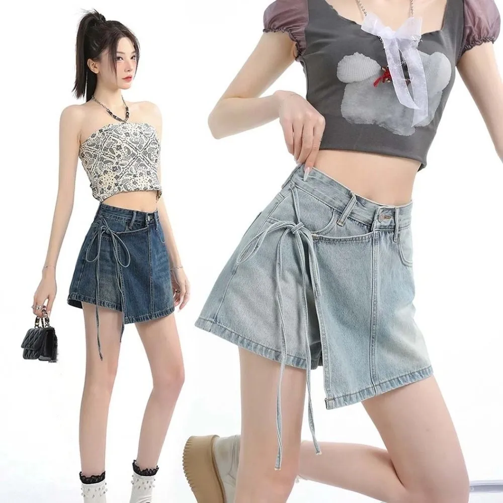 Harajuku Lace-up A-line Skirt Shorts Wide Leg Y2K Fake Two-piece Skirt Spicy Girl Style High Waist Baggy Blue Jeans Skirt Lady