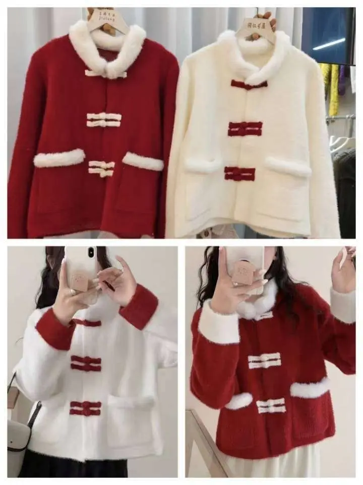 اليابان الأحمر القطيفة تقسم ​ ​ سترة المنك الجديدة النمط الصيني المرأة عيد الميلاد ورأس السنة الجديدة ارتداء سترة محبوكة