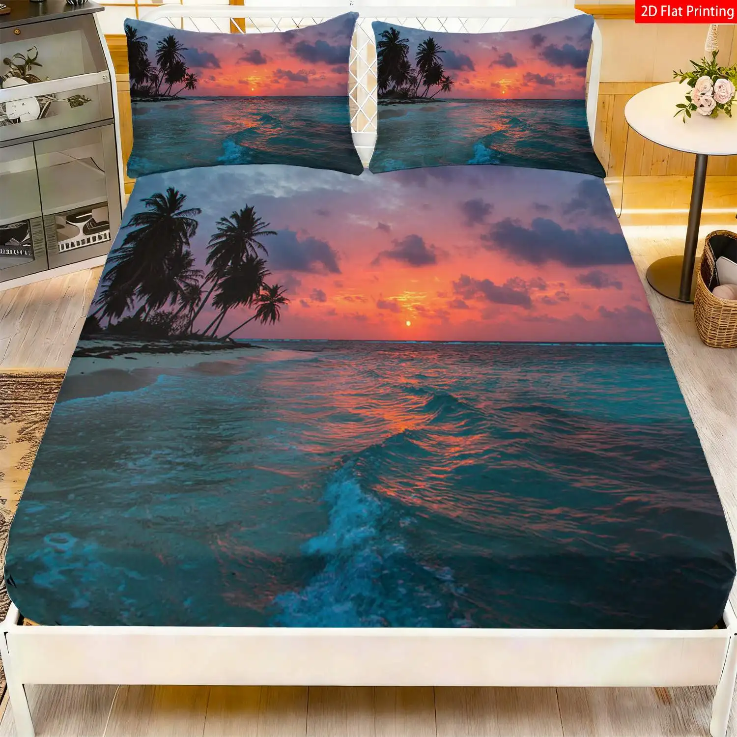 3-Piece Mattress Protector Set with Tropical Beach Theme, Sunset and Palm Tree Design, Wave Print, Suitable for Bedroom, Hotel, Resort Decoration, Mattress Protector Cover, Stain-Resistant, Suitable for All Seasons, Machine Washable, Easy to Care For, Universal for Home Bedrooms, Essential for Dormitories and Rentals, Master Bedroom Decoration, Dust-Proof and Stain-Resistant, High Elasticity, Fits Various Sizes