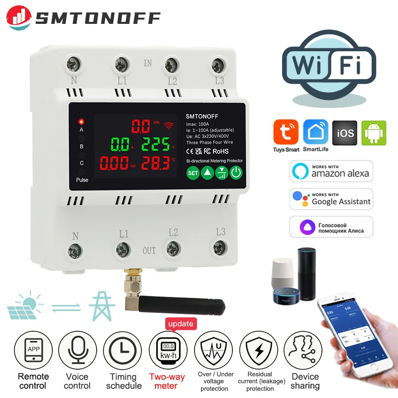 3 Phase 4 Wire 380V 100A Tuya WiFi Smart Bi-Directional Energy Power kWh Meter Auto-Reclosing Over Under Voltage Protector