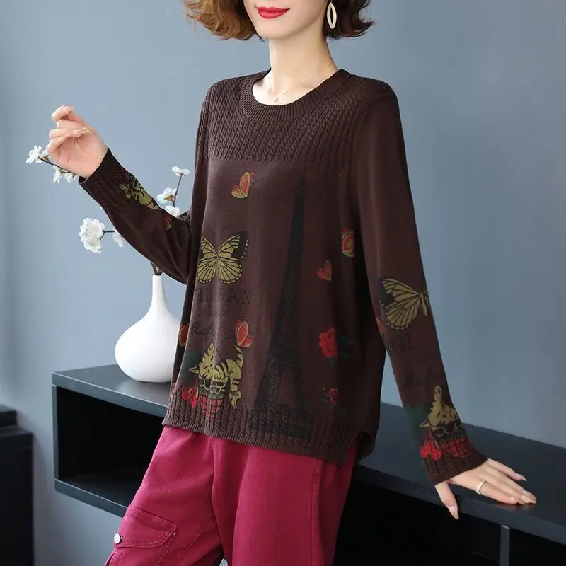 Women Korean Fashion Butterfly Print Vintage Basic Knitted Sweater Autumn Casual O Neck Long Sleeve Loose Pullover Tops Jumpers