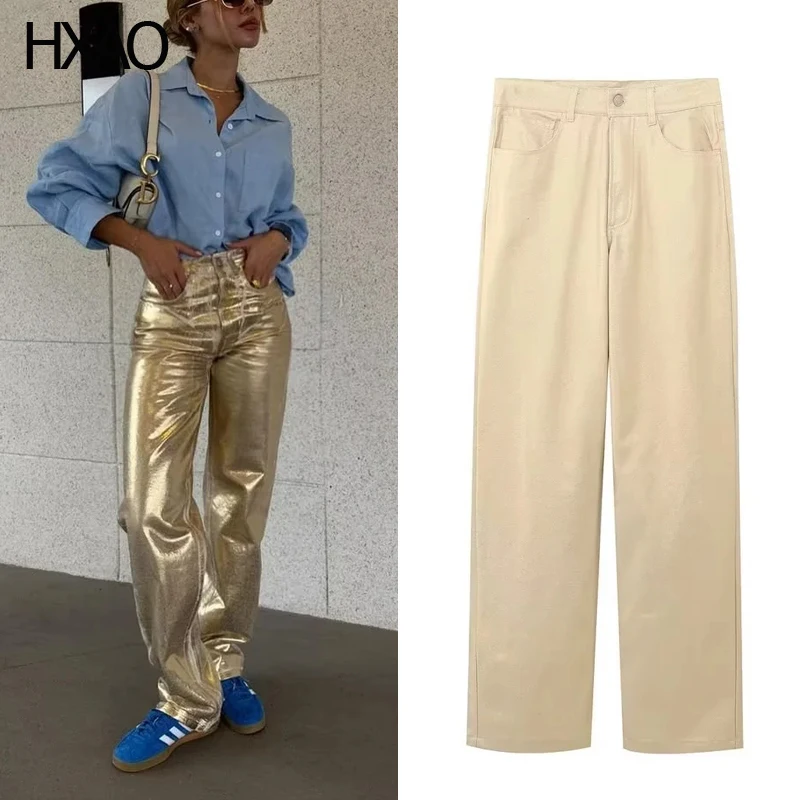 

HXAO Woman Trousers Gold Vintage High Waist Pants Punk Casual Pants Slacks Luxury Women's Pants Wide Pants Female Pantalon Mujer