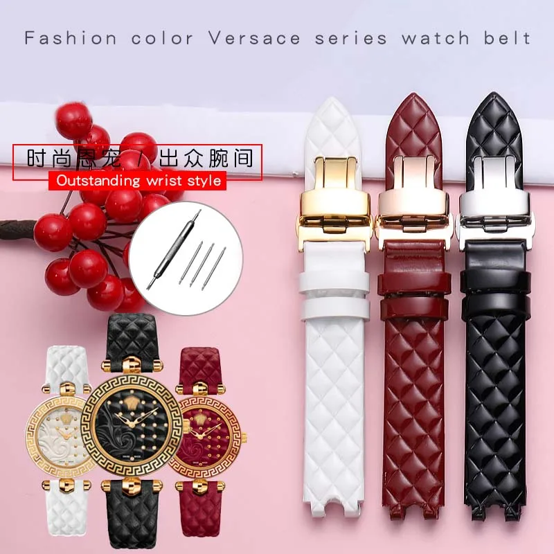 For Versace Watch Strap Female Medusa Vanitas Micro Concave Interface Genuine Leather Stainless Steel Butterfly Buckle Watchband