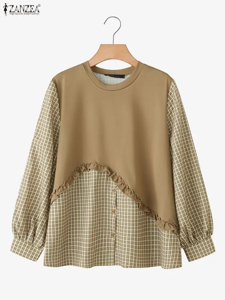 

ZANZEA 2025 Autumn Blouse Women Casual O Neck Long Sleeve Blouses Plaid Patchwork Tops Loose Pullover Fashion Elegant Work Shirt