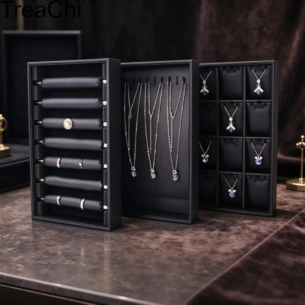 Black PU Leather Rectangular Jewelry Tray with Dust Cover for Rings Earrings Necklaces and Pendants Suitable for Jewelry Stores