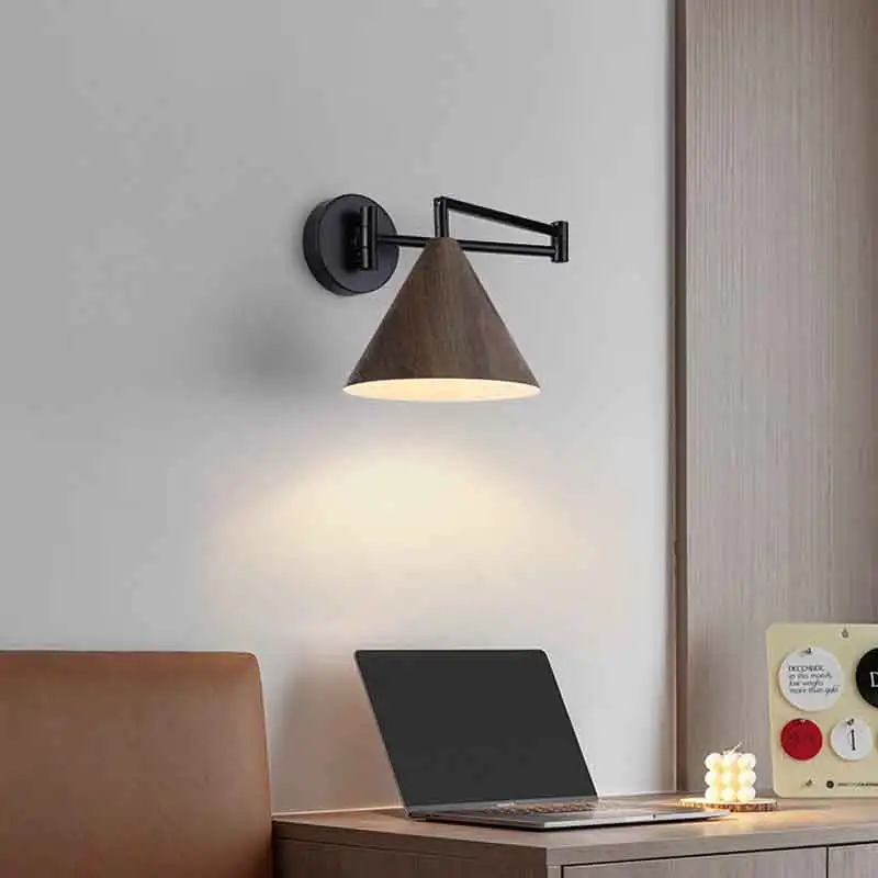 Nordic Wood Grain Rocker Arm Bedside Lamp Extendable Foldable Minimalist Design for Living Room Bedroom - Reading Light