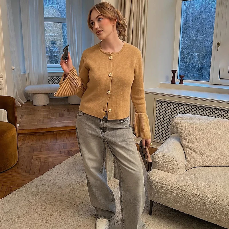 2025년 가을 신상 토르노바 니트 가디건 여성 O넥 플레어 롱 슬리브 스웨터 여성용 싱글 브레스티드 루즈핏 니트 코트