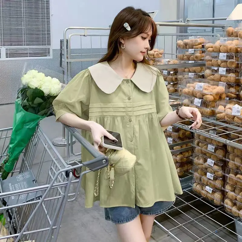 الحلو بيتر بان طوق تقسم طيات فانوس كم قمصان الملابس النسائية 2025 صيف جديد فضفاض الكورية بلايز كل مباراة البلوزات #3