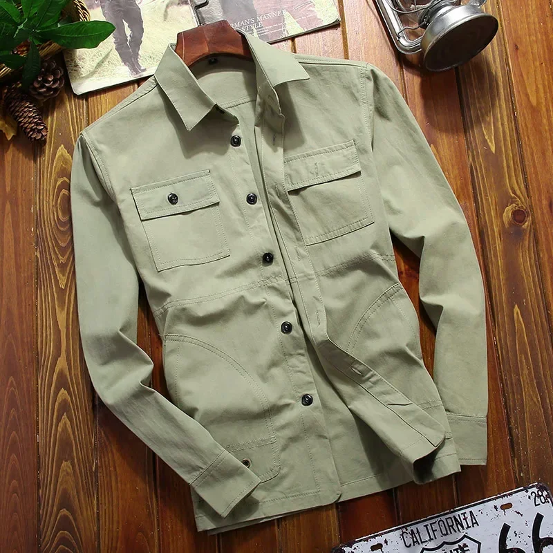 Spring Thin Shirt 2024 New Middle-aged Men\'s Retro Solid Color Hiking Fishing Top Simple Fashion Men\'s Long Sleeve Cargo Coat