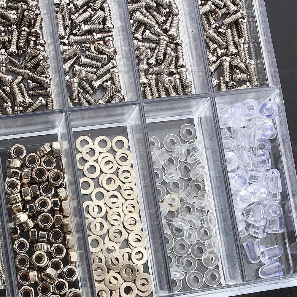 1 scatola multi-dimensione confezione da 1000 pezzi di alta qualità in acciaio inossidabile e plastica micro piccole viti kit di assortimento di dadi parti di orologi in vetro