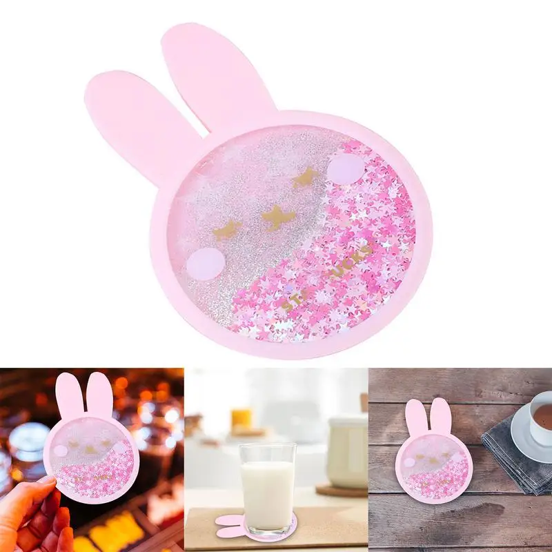 Cute Coasters Rabbit Romantic Cherry Blossom Season Ocean Quicksand Silicone Water Cup Mug Placemat Cushion Insulation robust