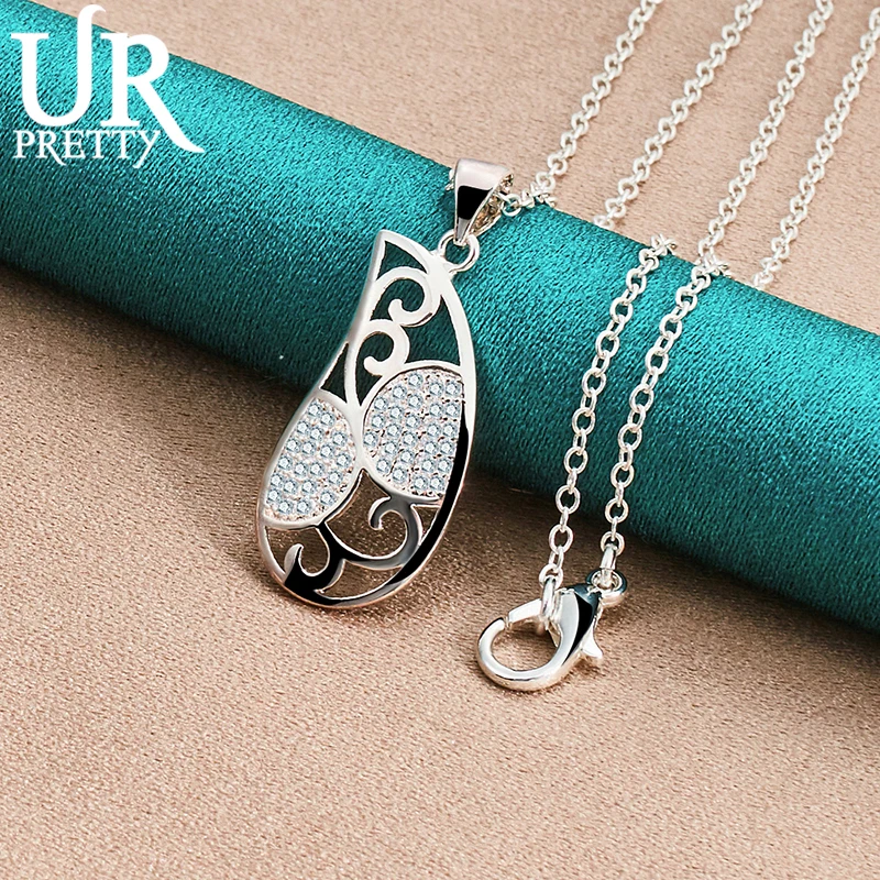 URPRETTY 925 Sterling Silver Water Drop Pendant AAA Zircon Necklace 16/18/20/22/24/26/28/30 Inch Chain For Woman Wedding Jewelry