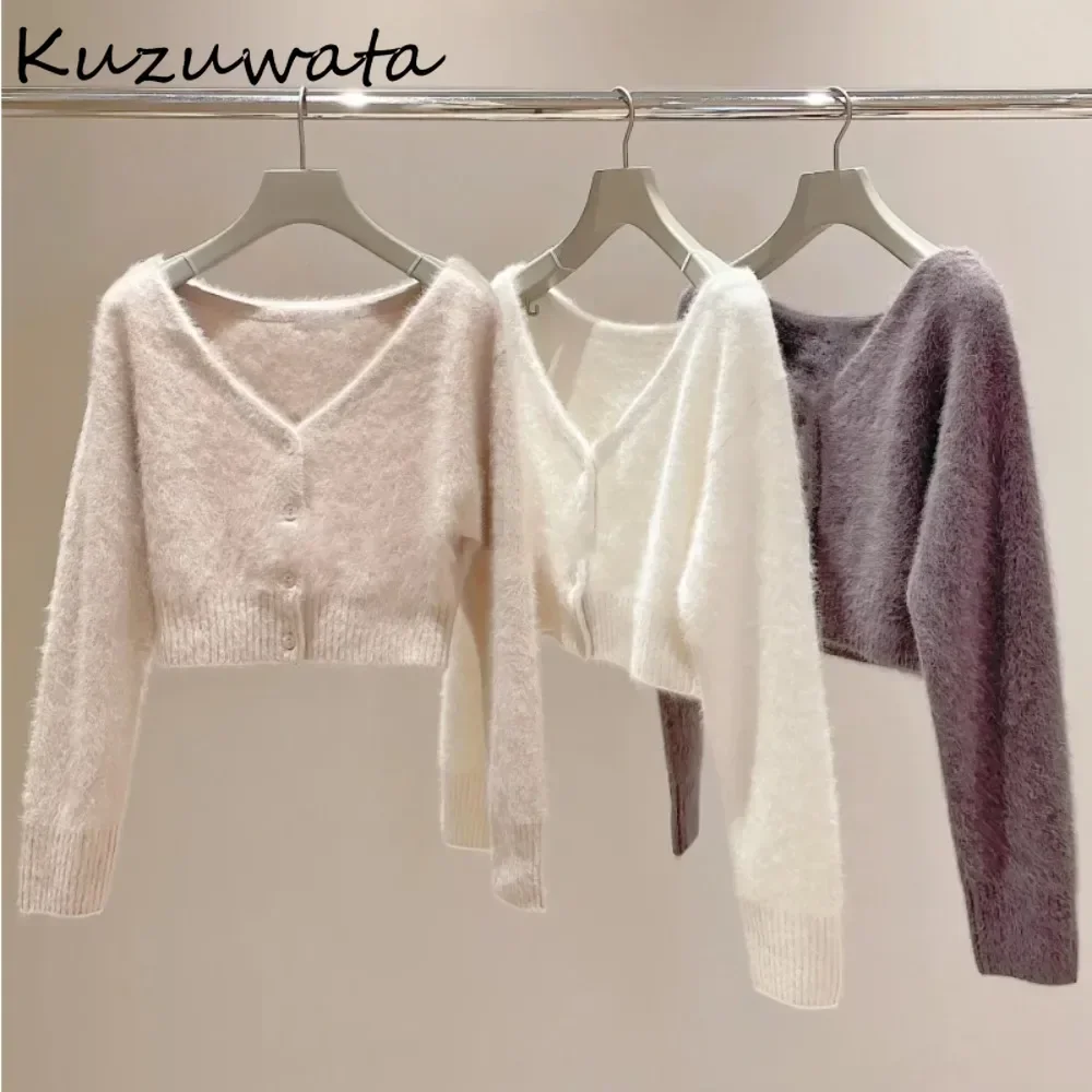 Kuzuwata Literary V Neck Sweet All-match Jumper Single Breasted Gentle Fluffy Warm Feminine Cardigan Japan New Knit Coat Sweater