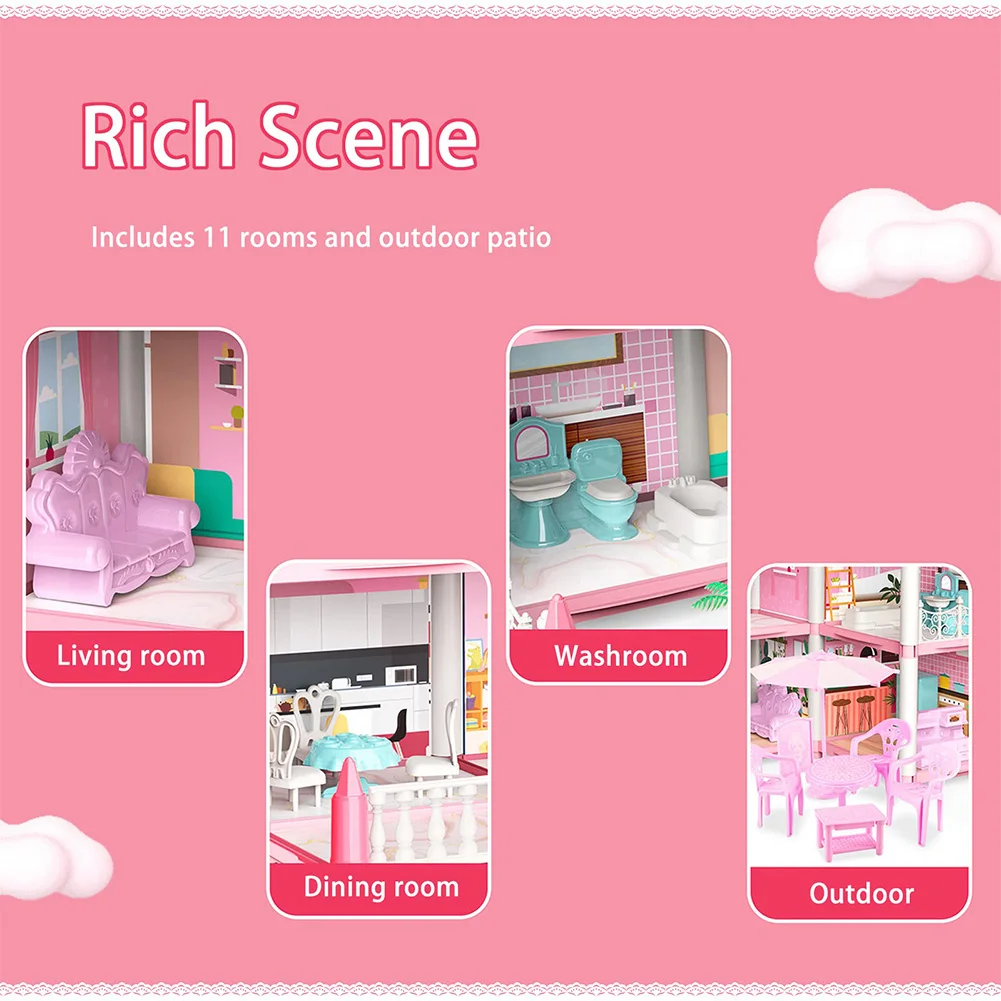 

Lovely Doll House 4-Story 11 Rooms Dreamy Dollhouse Furniture and Accessories Set DIY House Model Landscape Gift Toy for Kids