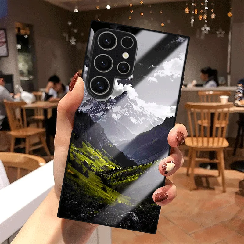 

Tempered glass phone case with mountain scenery pattern suitable for Samsung Galaxy S25 S24 S23 S22 S20 FE Ultra Plus 4G 5G
