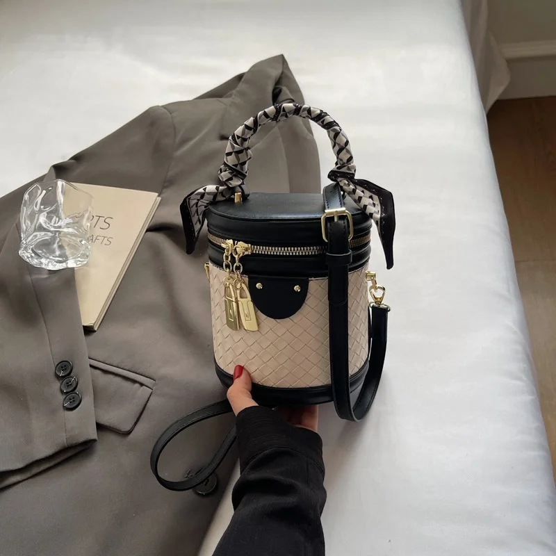 Women Cylinder Bucket Bag Elegant Woven Pattern Handbag With Silk Scarf Decor Mini Crossbody Shoulder Bag For Daily Party Dating