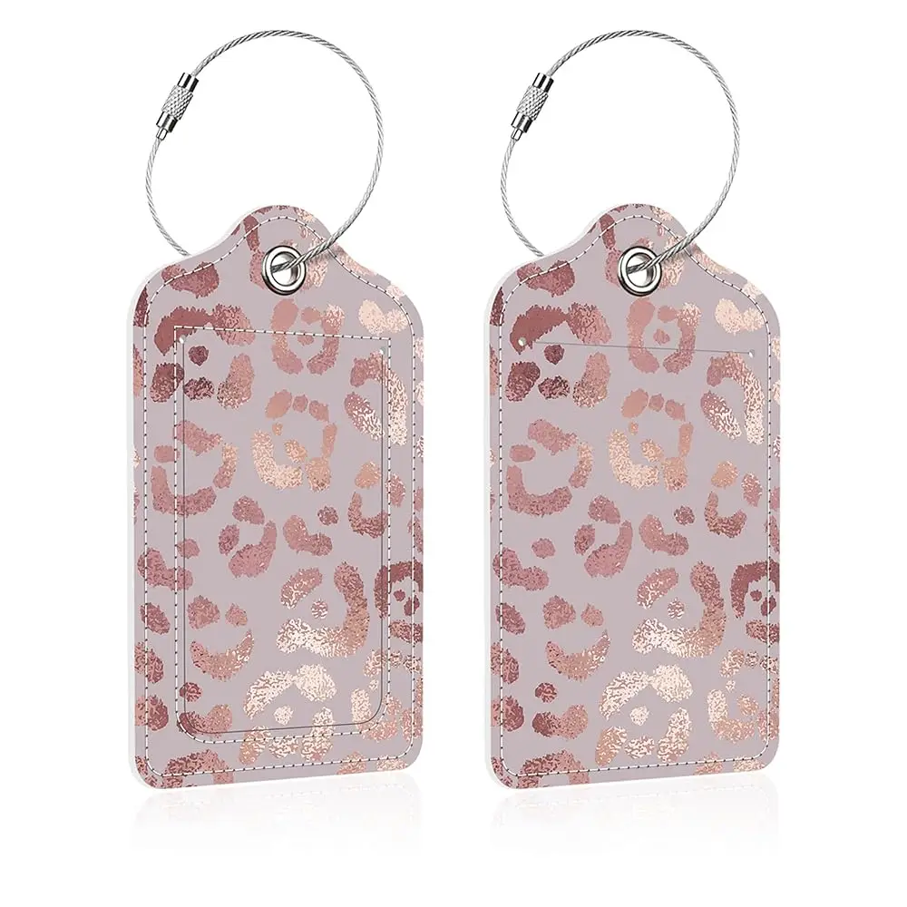 

Luggage Tags for Suitcase,2 Pack Rose Gold Leopard Luggage Tag,PU Leather Id Label Luggage Tags with Stainless Steel Loop and