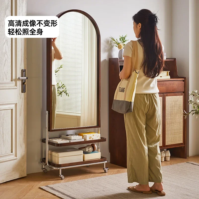 

Household solid wood floor mirror bedroom full-length mirror medieval storage magazine rack integrated
