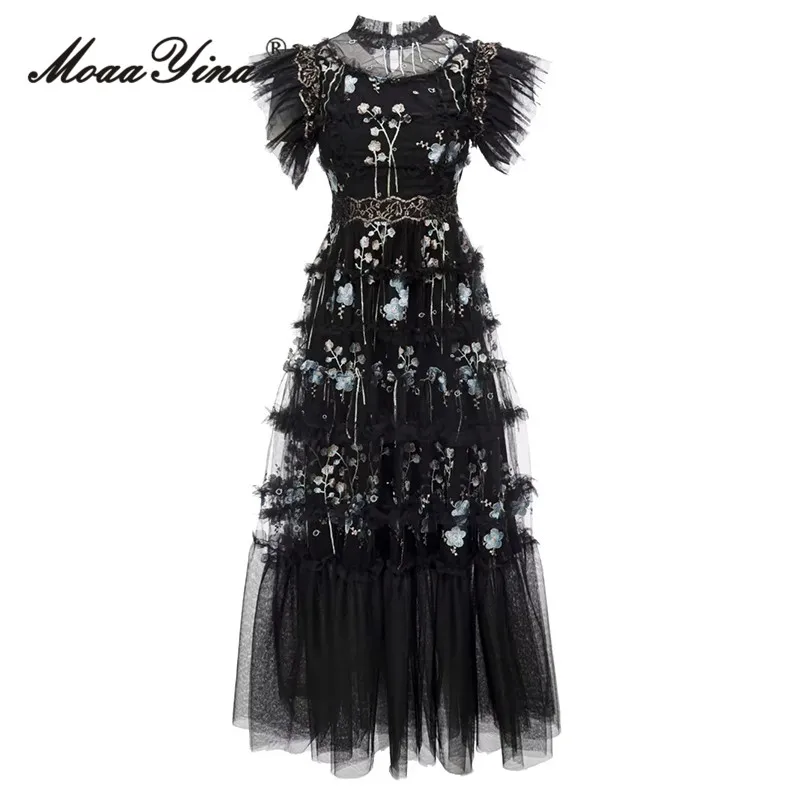 

MoaaYina Summer Fashion Runway Black Vintage Party Dress Women O-Neck Sleeveless Embroidery Perspective Mesh Ruffles Long Dress