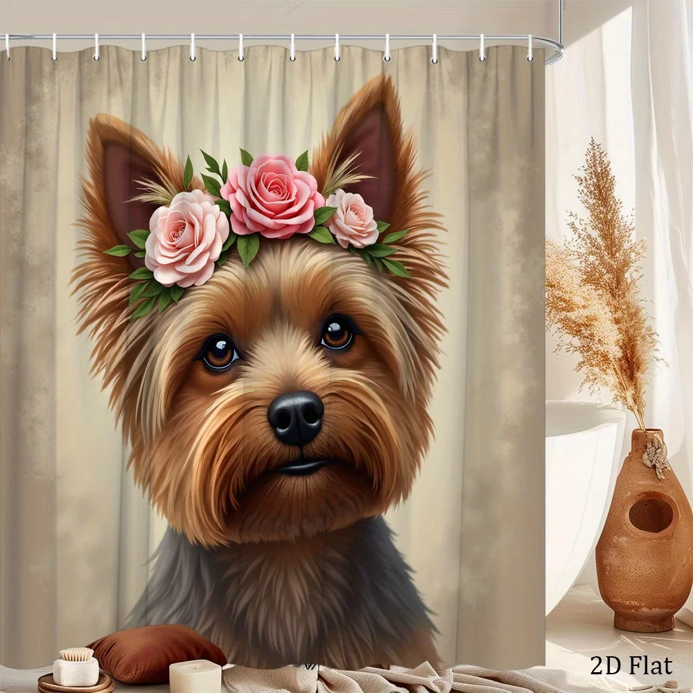 1pc Yorkshire Terrier Floral Crown Dog Shower Curtain – Realistic Whimsical Pet Design, Bathroom Decor with 12 Hooks, 70.8x70.8